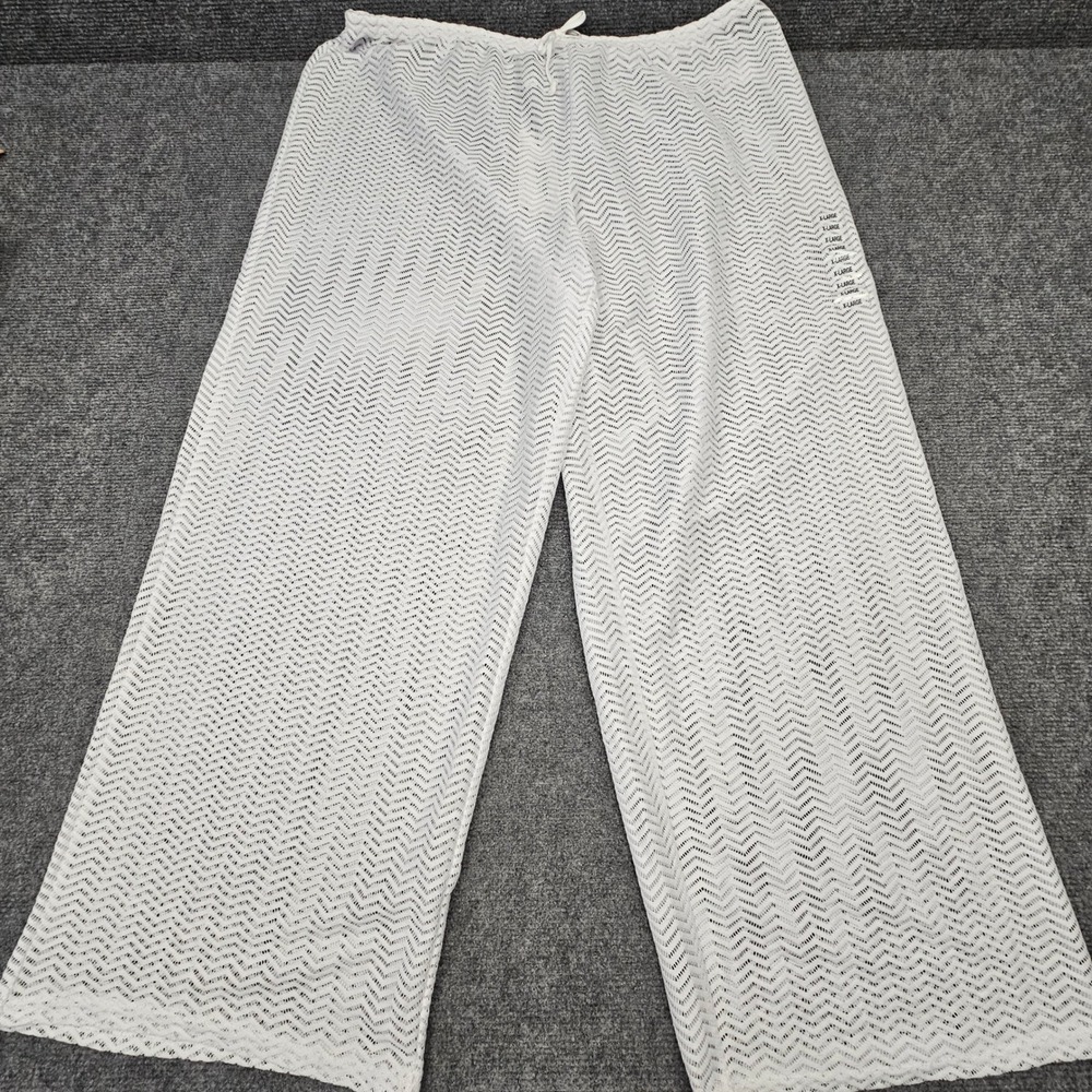 Calvin Klein Women Swim Cover Up Pants Crochet Chevron Wide Leg‎ White XL NWT